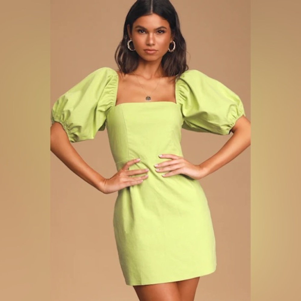 Lulu's Square To Next? Lime Green Puff Sleeve Mini Dress
